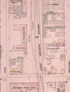 A portion of the Fire Insurance Plan from 1881 that was used to show the station's shape and the buildings around it.